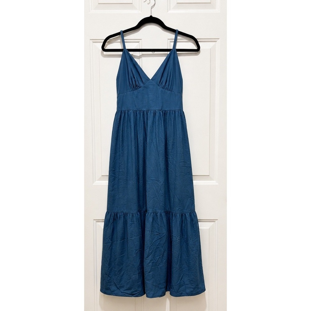 Japna Blue Linen Blend Tiered Midi Dress Tie Back Bow V-Neck Small NWT